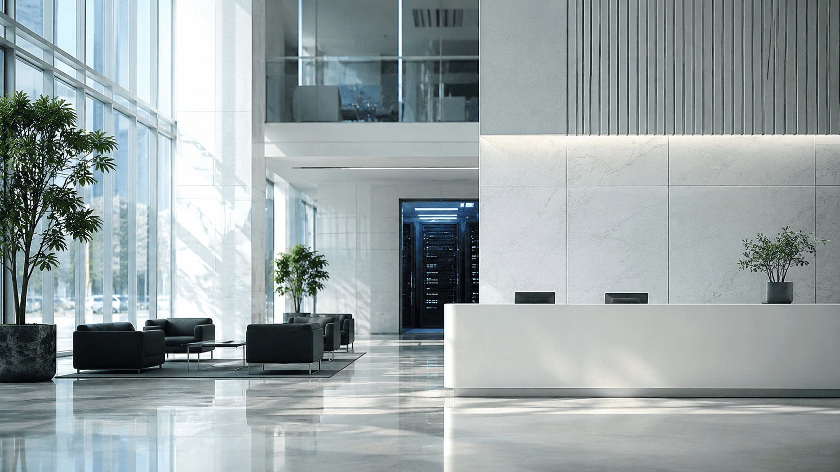 Empty corporate office lobby with a glowing doorway leading to a server room, lit by cool natural light.