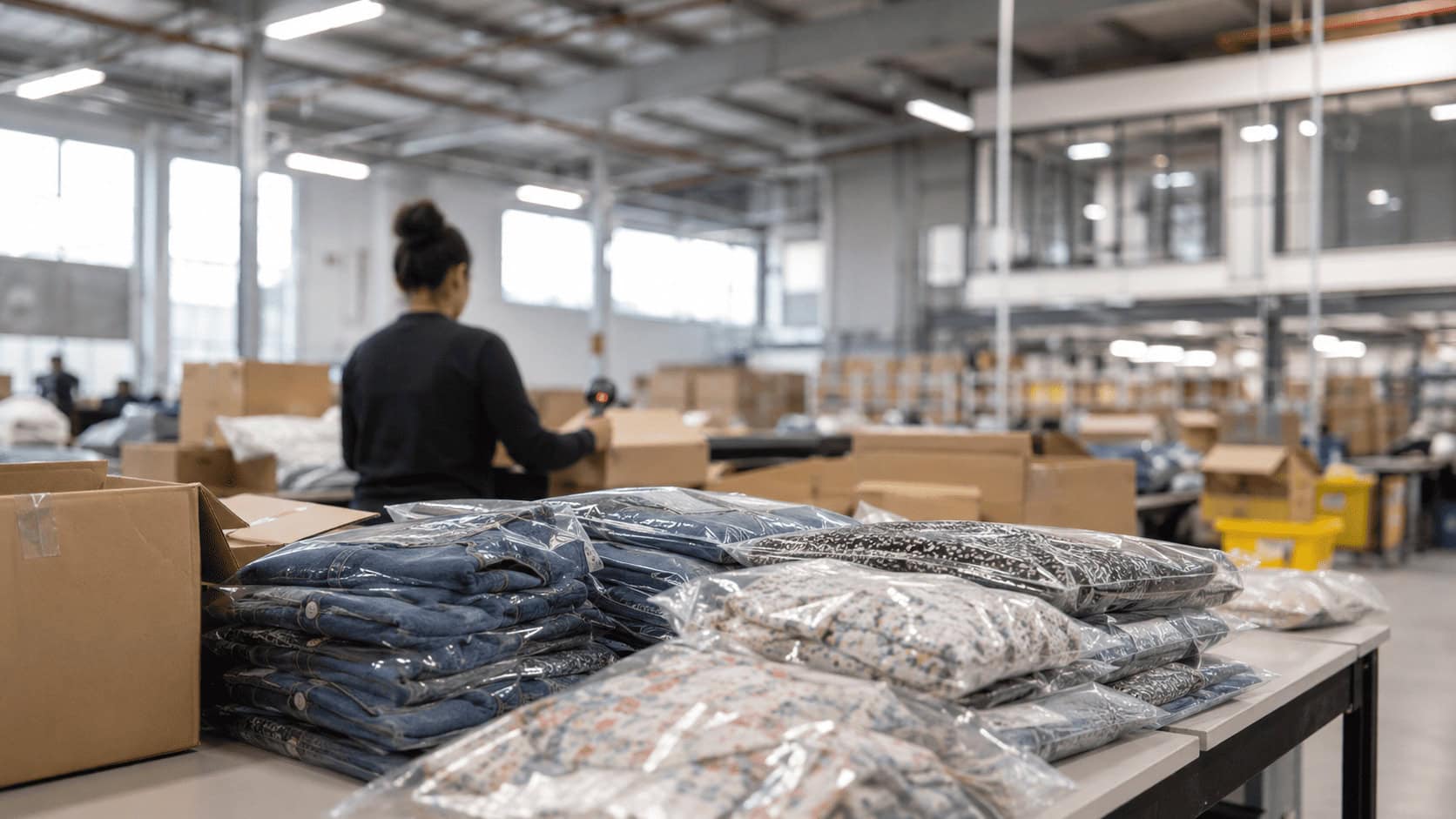 Folded clothing in plastic bags stacked on a sorting table next to cardboard return boxes in a warehouse.