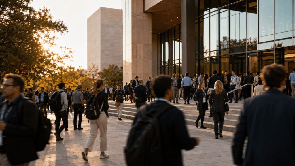 Attendees gathering outside a glass corporate campus building at a technology developer conference during golden hour.
