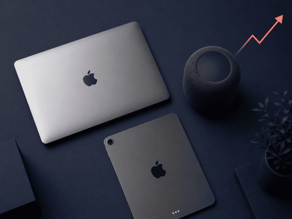 Apple MacBook, iPad, and home devices arranged on a dark surface representing the June 2026 price increases.