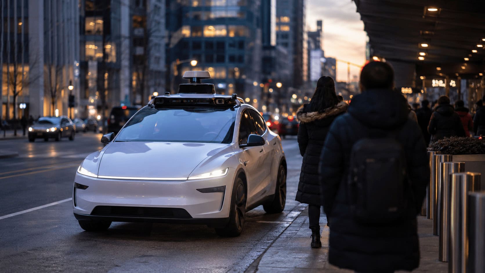A driverless robotaxi with a roof-mounted lidar sensor stops at a city curb at dusk with blurred pedestrians nearby.