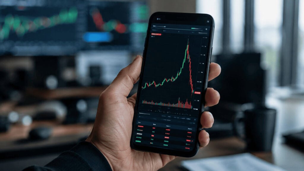 Close-up of a hand holding a smartphone showing a volatile stock price chart spiking and falling against a dark office background.