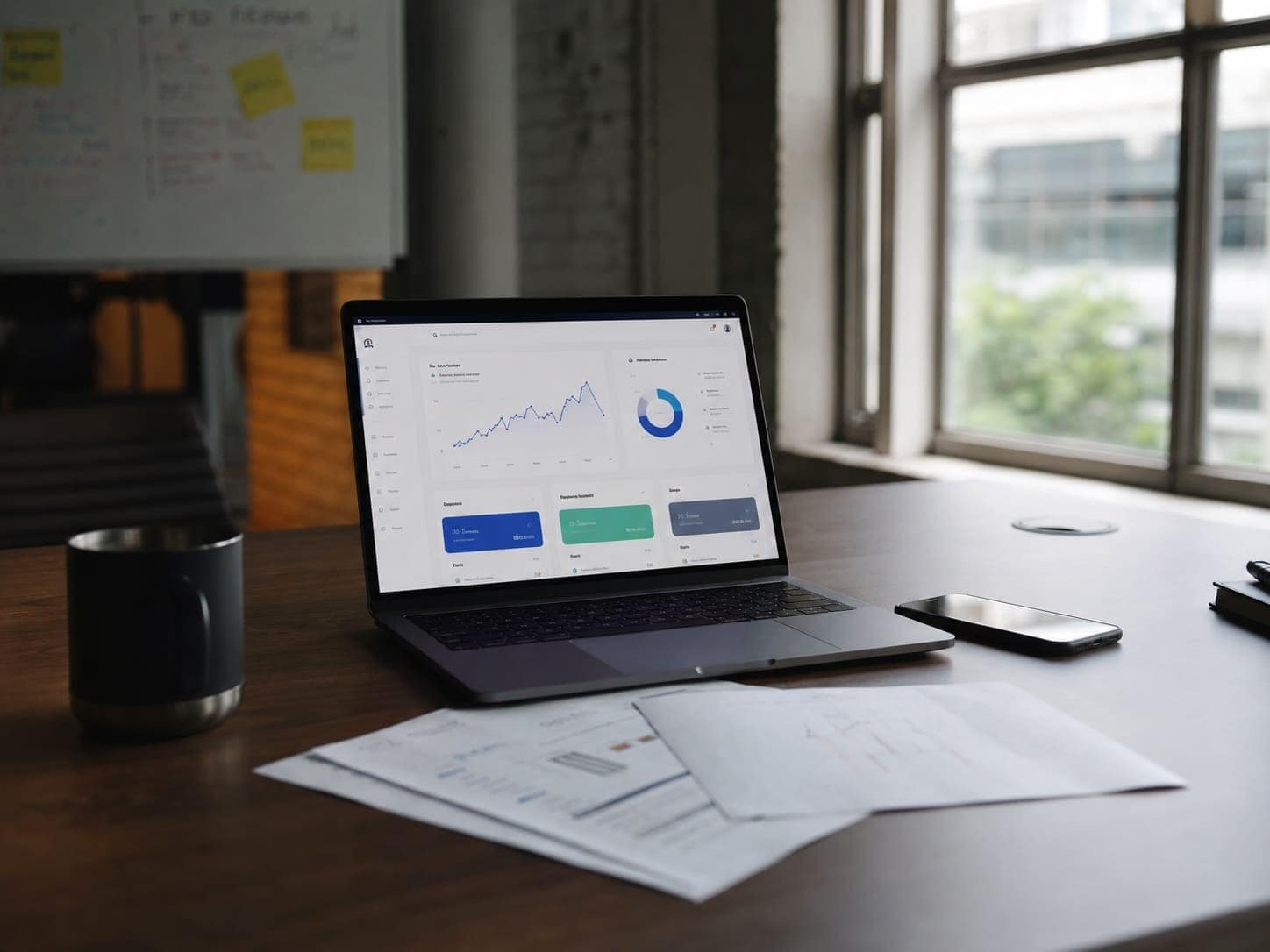 Founder reviewing a business bank account dashboard on a laptop at a small office desk