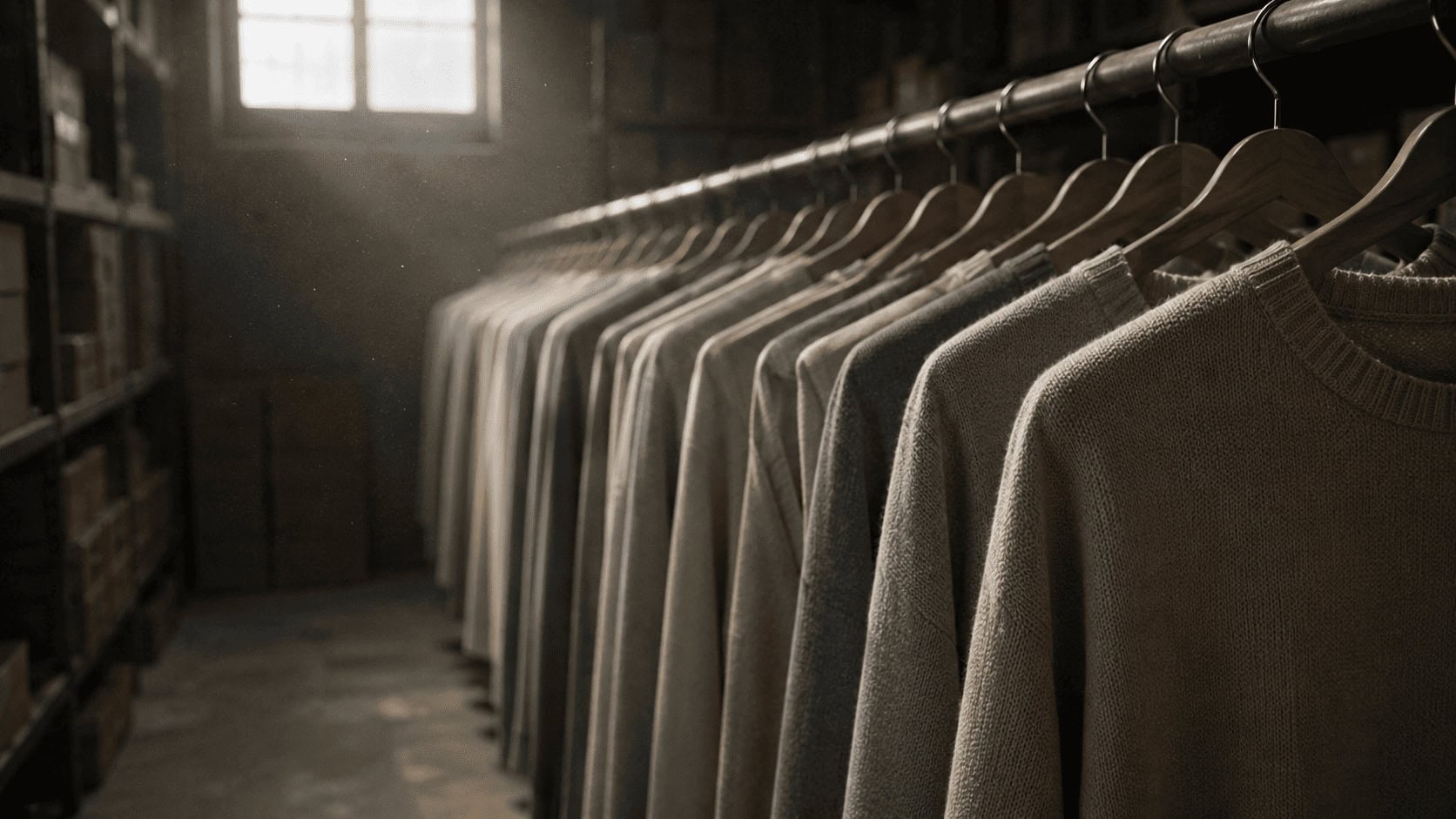 Row of neutral-colored sweaters hanging evenly on a metal rack in a dimly lit storage room with soft natural light from a high window.