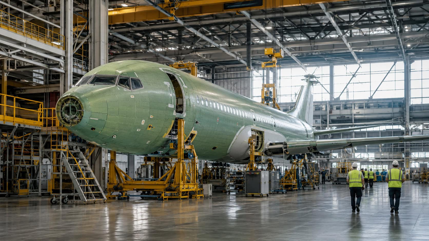 Unpainted narrowbody aircraft fuselage on yellow cradles inside a large aircraft assembly hall with workers in the background