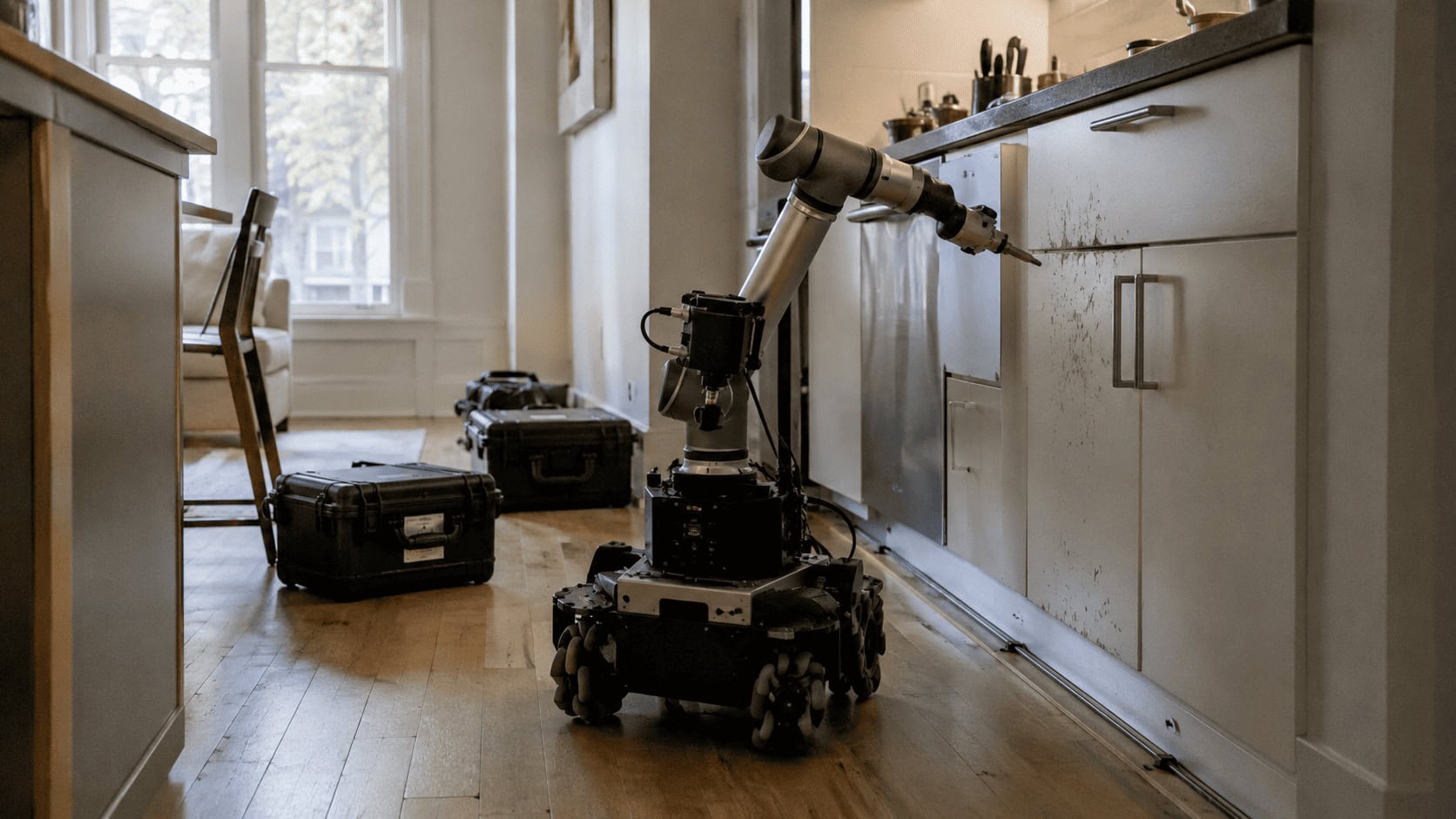 A wheeled robotic device with a mechanical arm sits beside scuffed kitchen cabinets in a residential home, with black equipment cases and cables on the floor.