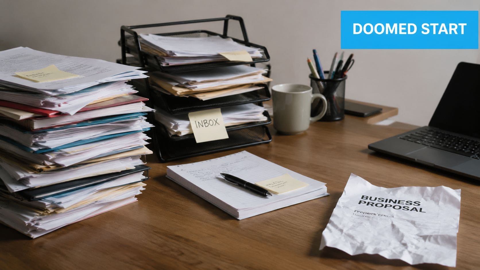 Cluttered desk with business documents, laptop, and office supplies for business analysis.