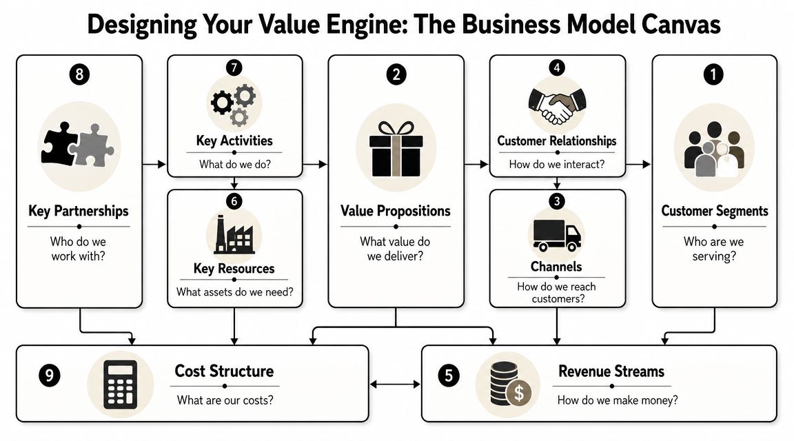 A diagram of the Business Model Canvas explaining how to design a value engine for business strategy.