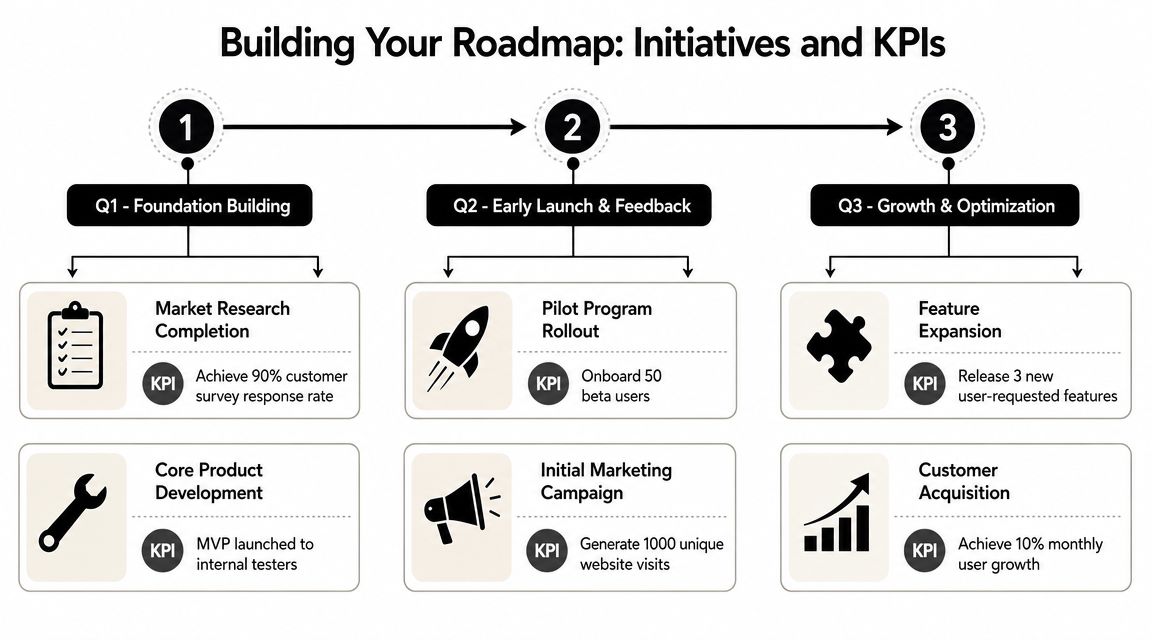 A strategic roadmap infographic for entrepreneurs, outlining key initiatives and KPIs across three quarterly phases.