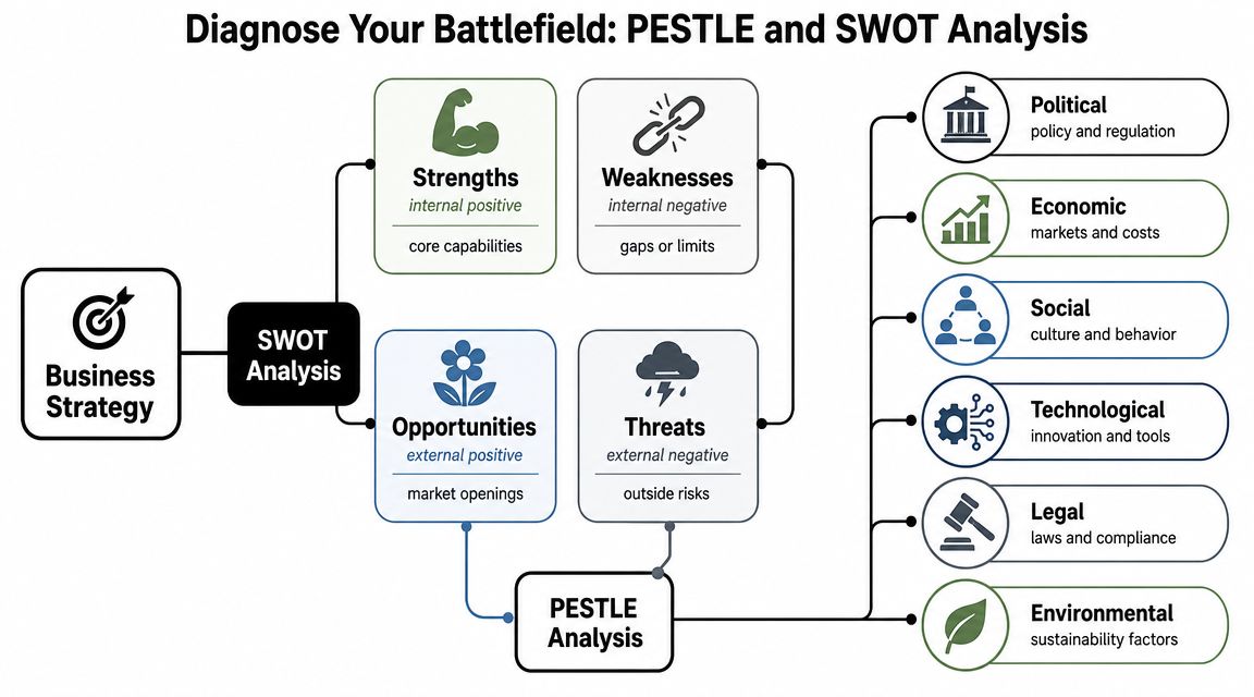 A diagram illustrating SWOT and PESTLE analysis frameworks for developing and evaluating an effective business strategy.