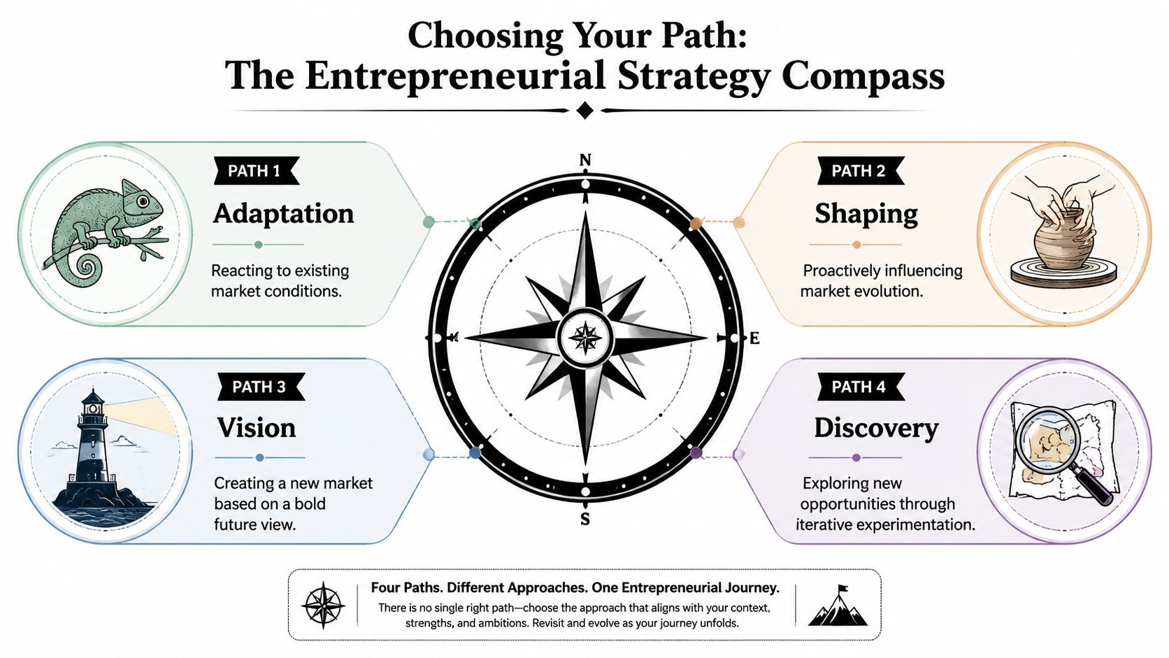 An infographic titled The Entrepreneurial Strategy Compass, illustrating four distinct paths for business growth: Adaptation, Shaping, Vision, and Discovery.