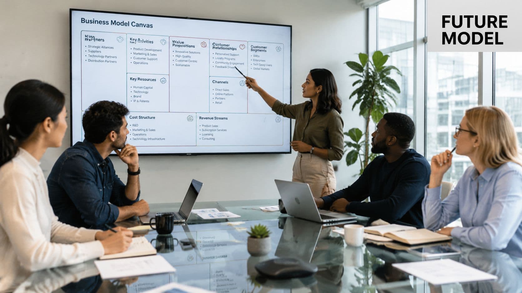 A professional team discussing a business model canvas during a collaborative strategy meeting in an office.