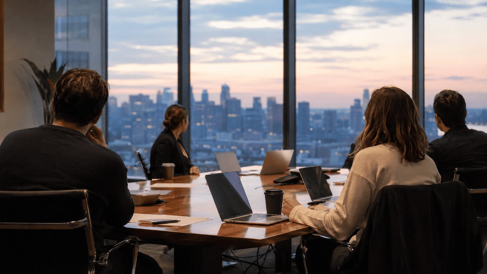 Business professionals seated at a long table in a modern glass-walled office overlooking a city skyline during an evening meeting.