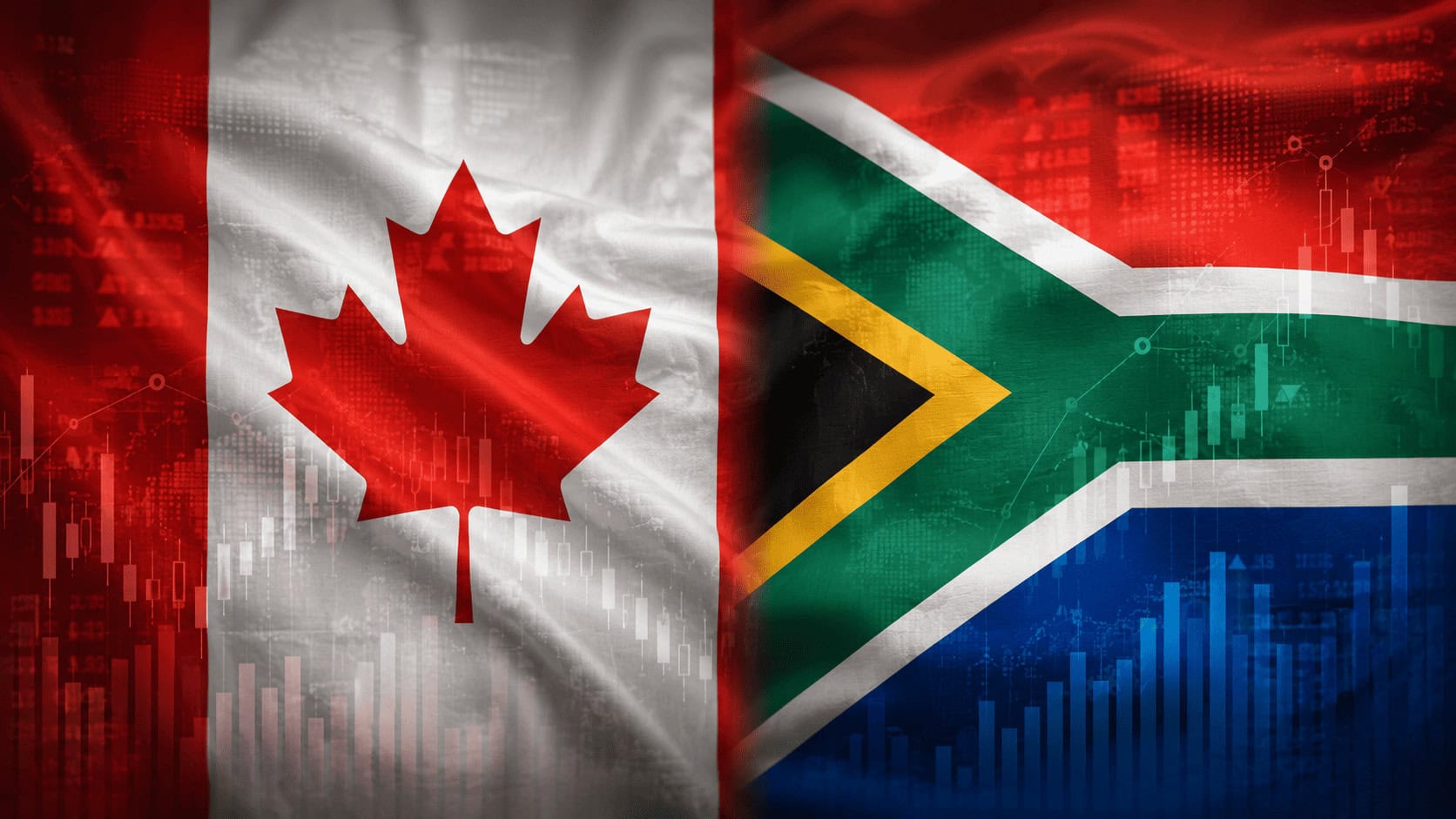 Canadian and South African flags side by side over a faint economic data overlay.