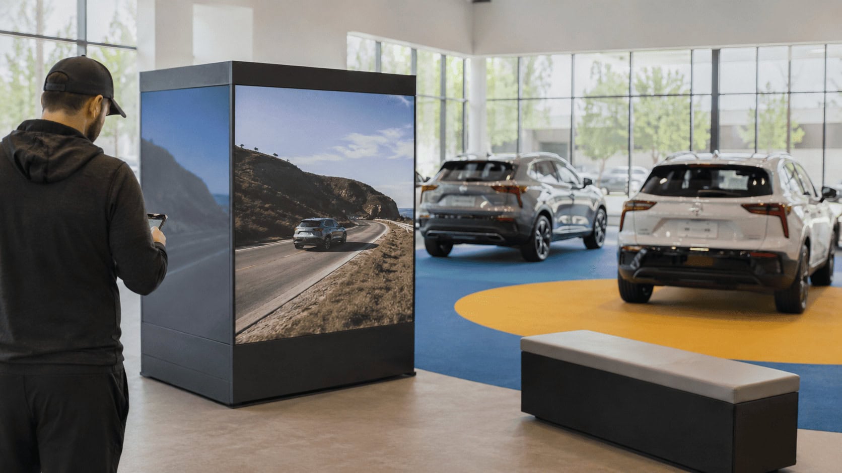 A customer using a smartphone in front of a large video display screen inside a remodeled car dealership, with new vehicles parked on bright rubber flooring nearby.