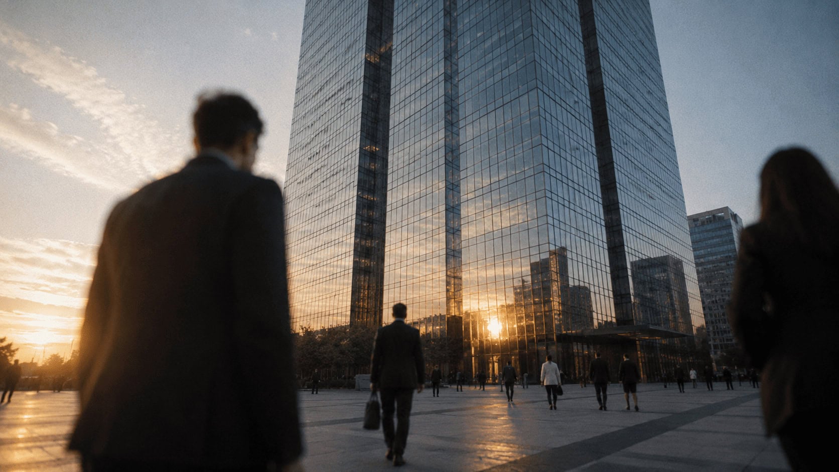 A glass corporate office tower seen from below at golden hour, with several small business-attired figures walking across the plaza beneath it.