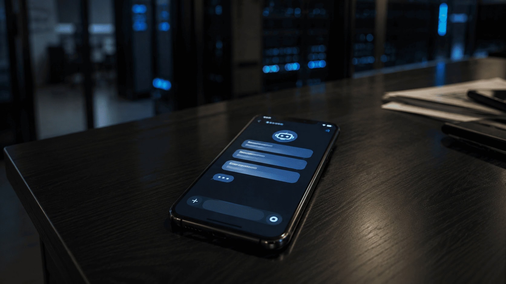 Smartphone showing an AI chat interface on a desk against a blurred server-room background