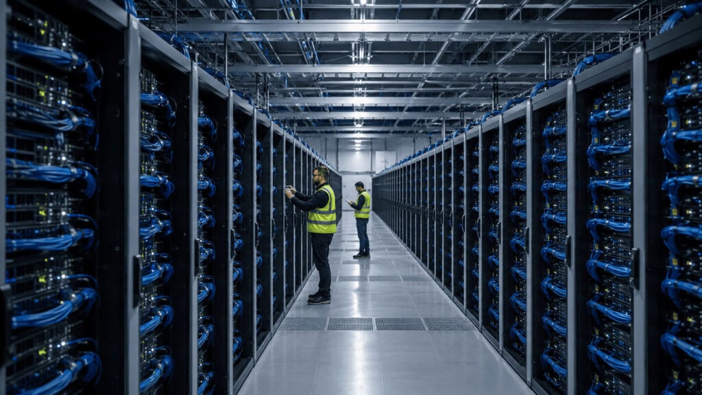 Rows of supercomputer server cabinets in a large data center, representing China's LineShine system.