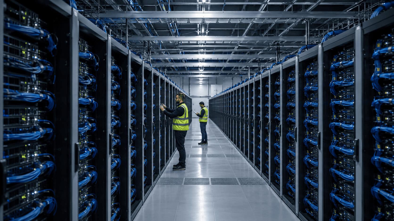 Rows of supercomputer server cabinets in a large data center, representing China's LineShine system.