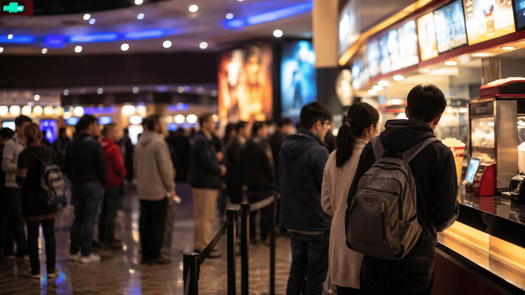 Moviegoers gathered in a busy cinema lobby near a brightly lit concession stand at night.