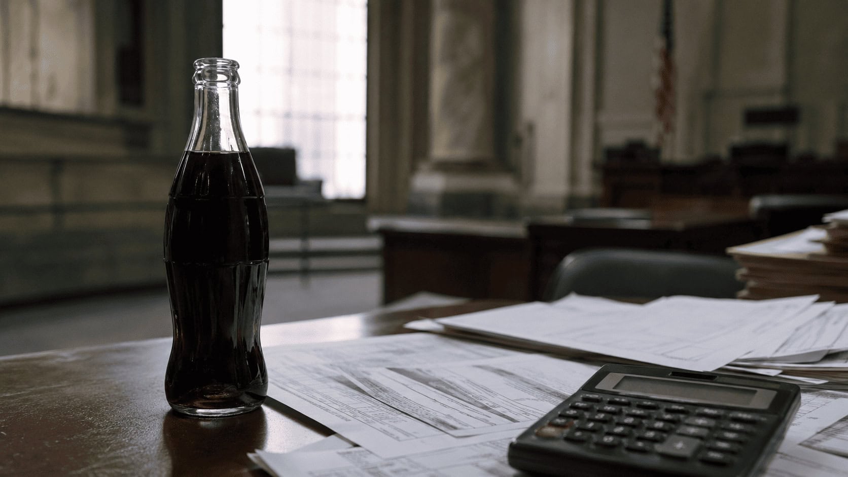 A glass Coca-Cola bottle on a desk next to tax documents and a calculator in a courthouse interior.
