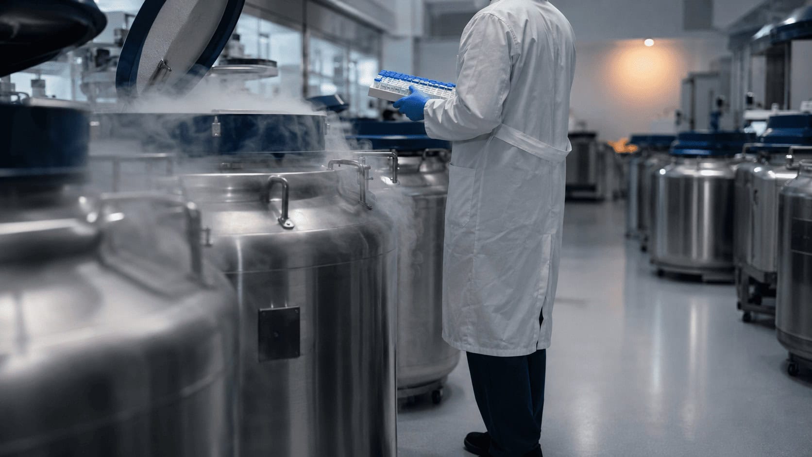 Cryogenic storage tanks in a genomics biobank lab where Colossal Biosciences preserves endangered species DNA