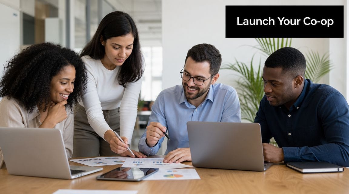 A diverse group of four professionals collaborating around a wooden table while working on laptops and documents.