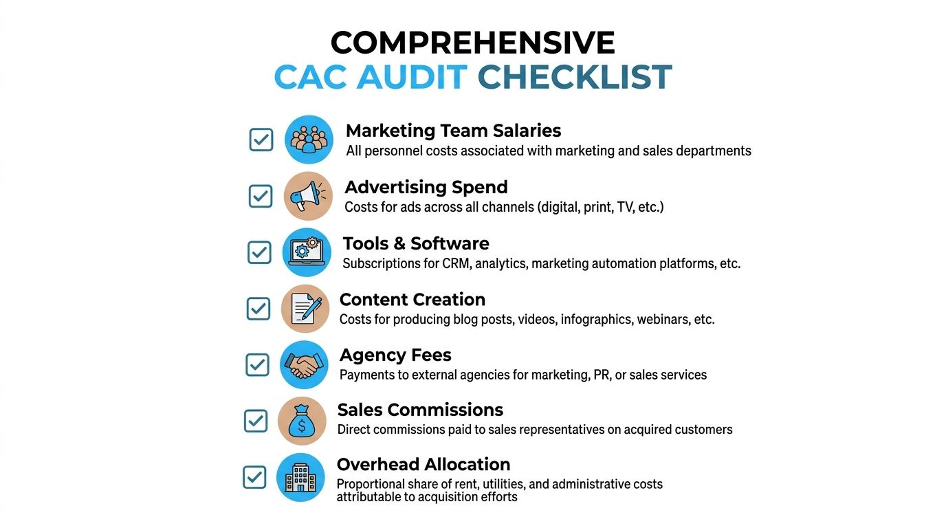 Comprehensive CAC audit checklist with icons for marketing, advertising, tools, content, agency fees.