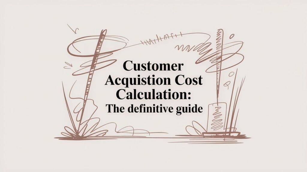 Illustration of customer acquisition cost calculation with sketches and tools.