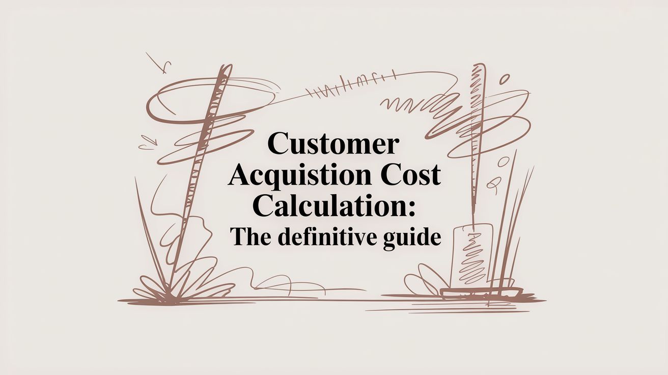 Illustration of customer acquisition cost calculation with sketches and tools.