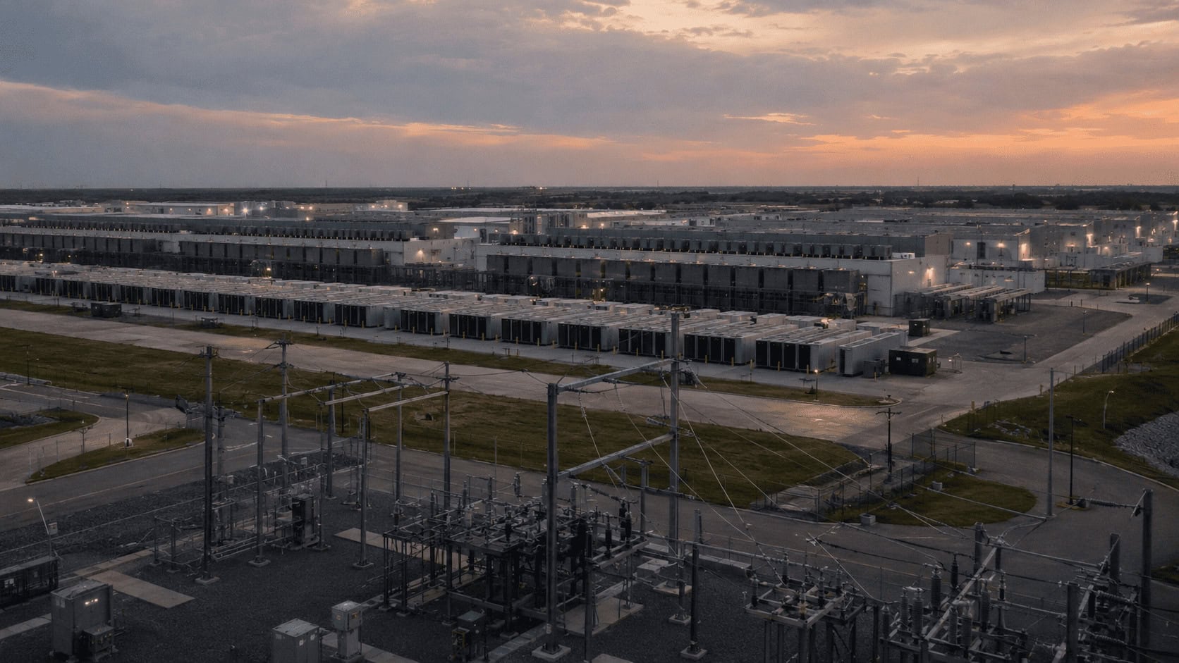 A large data center building at dusk with cooling units, transformers, and overhead power lines in the foreground.