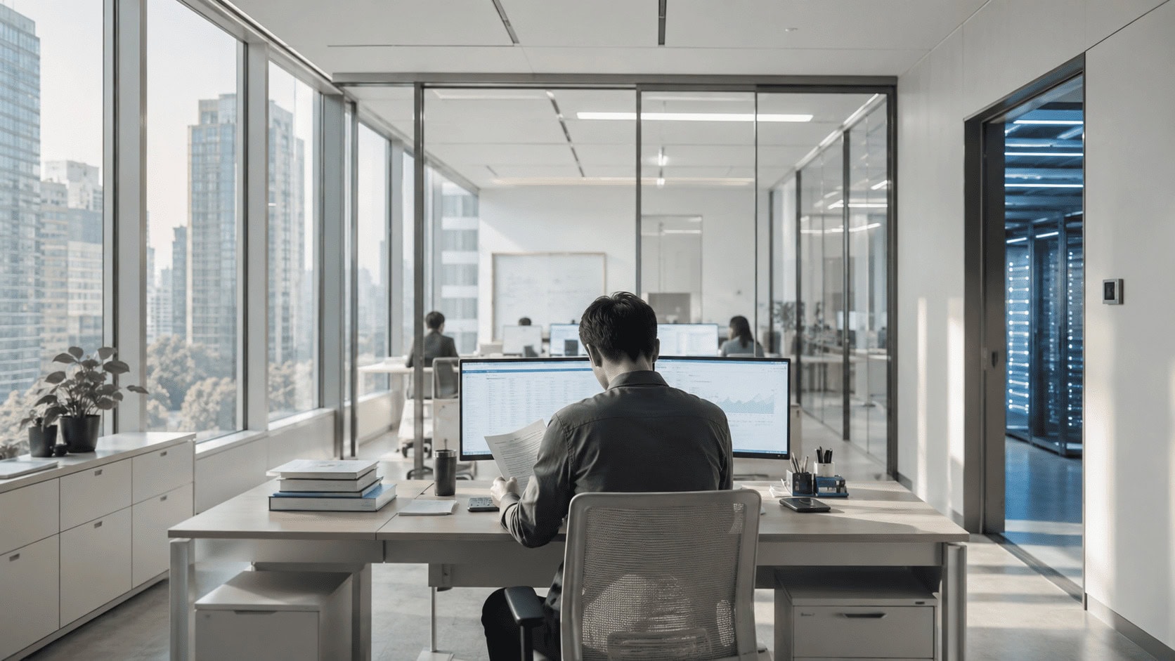A figure seen from behind reviewing documents in a dimly lit modern technology office at dusk, with glowing monitors in the background
