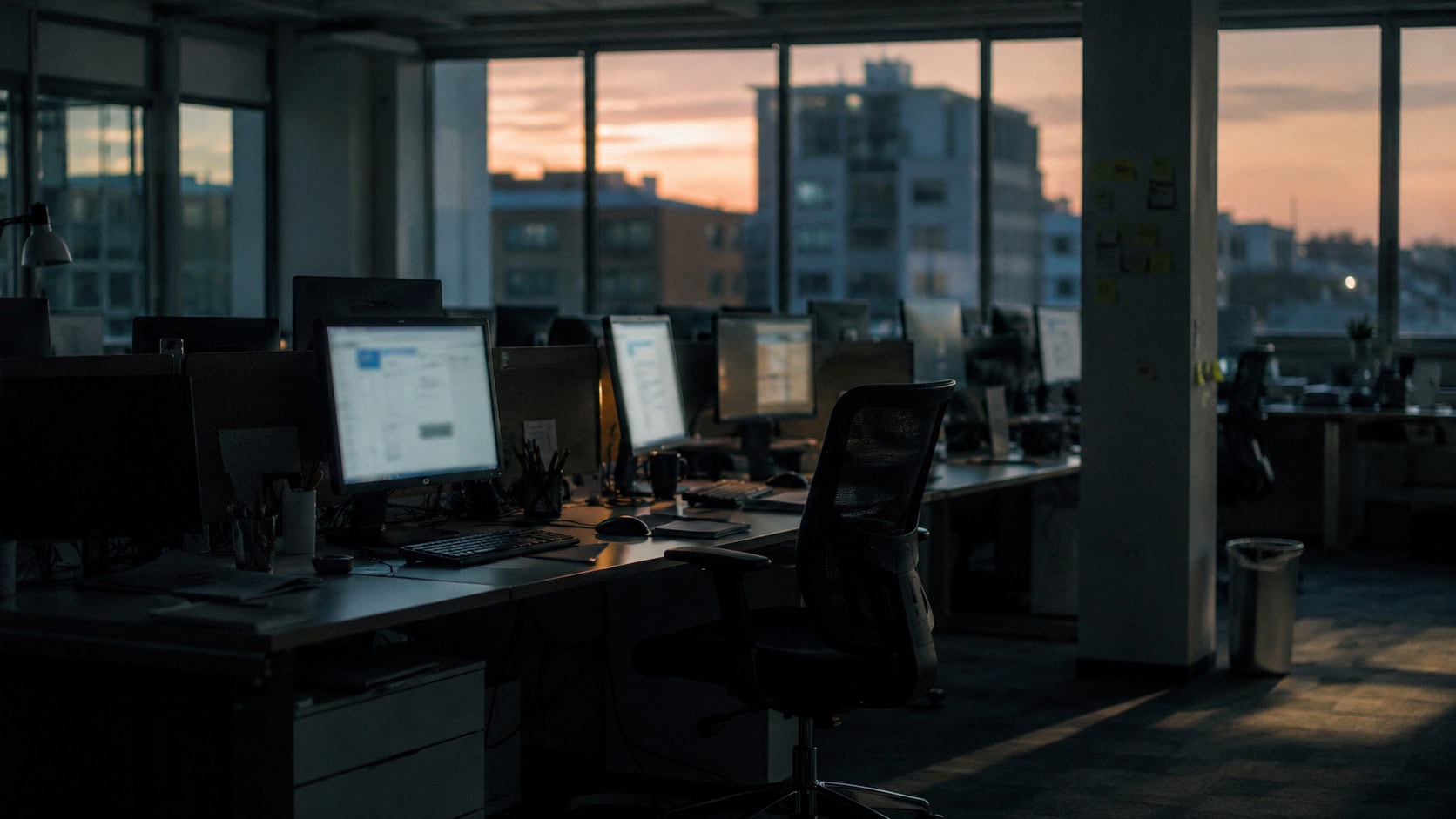 Empty open-plan office at dusk with rows of desks and computer monitors still glowing.