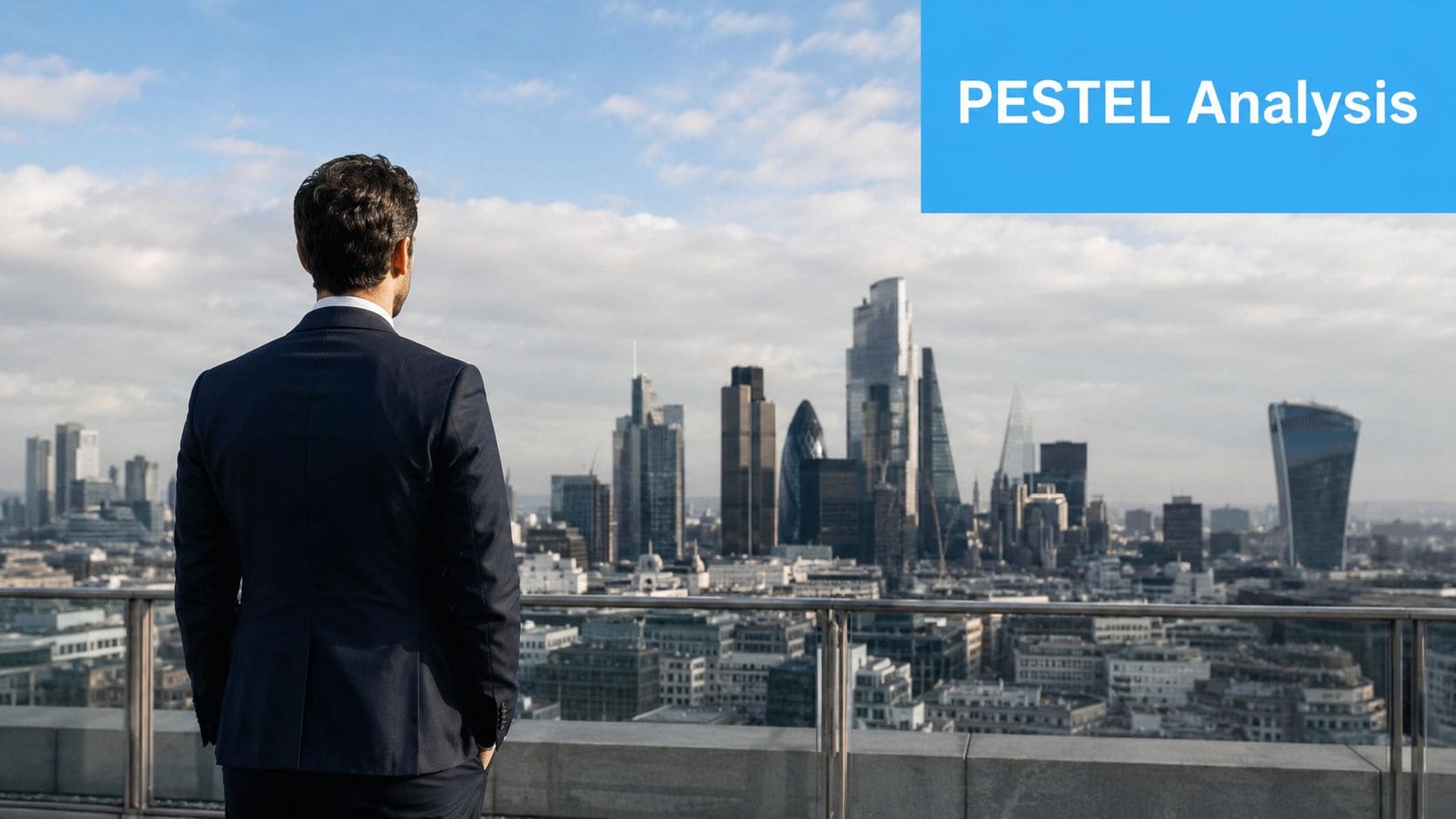 Businessman analyzing PESTEL framework with city skyline background.
