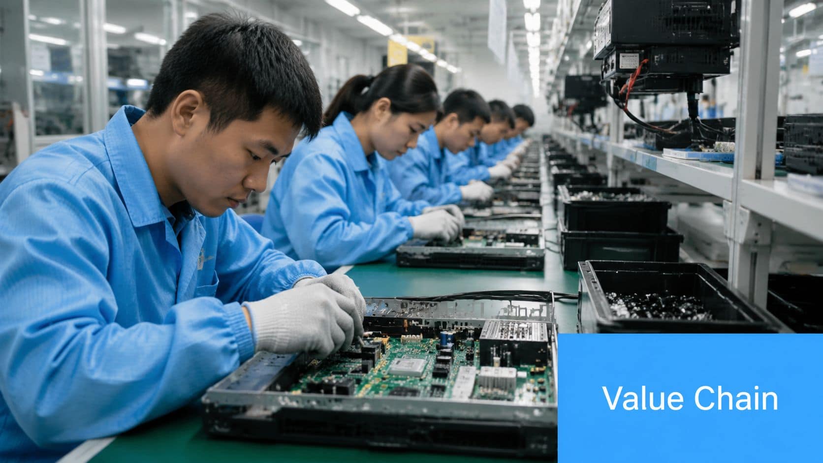 Workers assembling electronic devices in a factory setting.