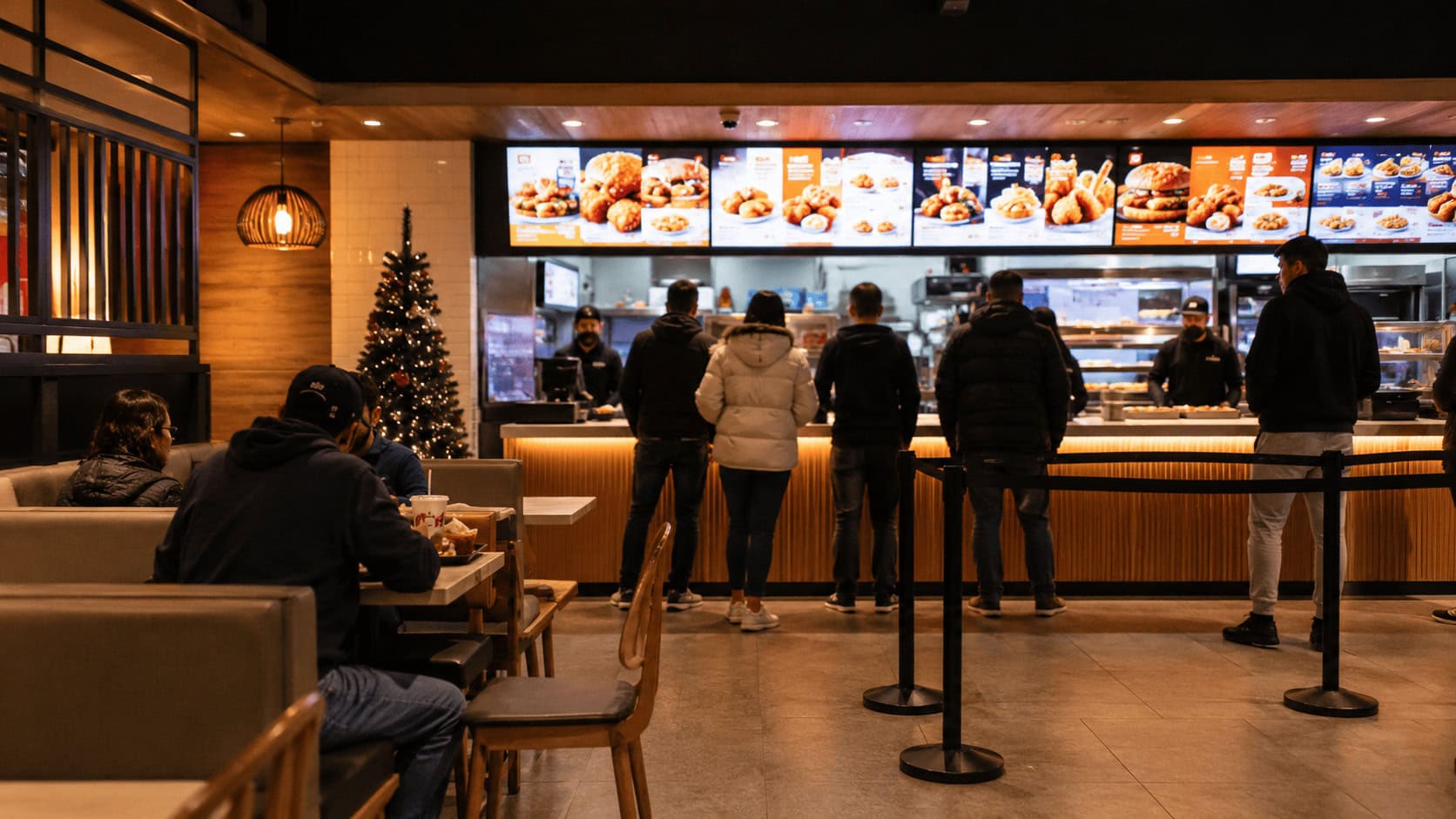 Interior of a modern fast-food restaurant at dusk with a service counter, digital menu boards, and a few seated customers shown from behind.