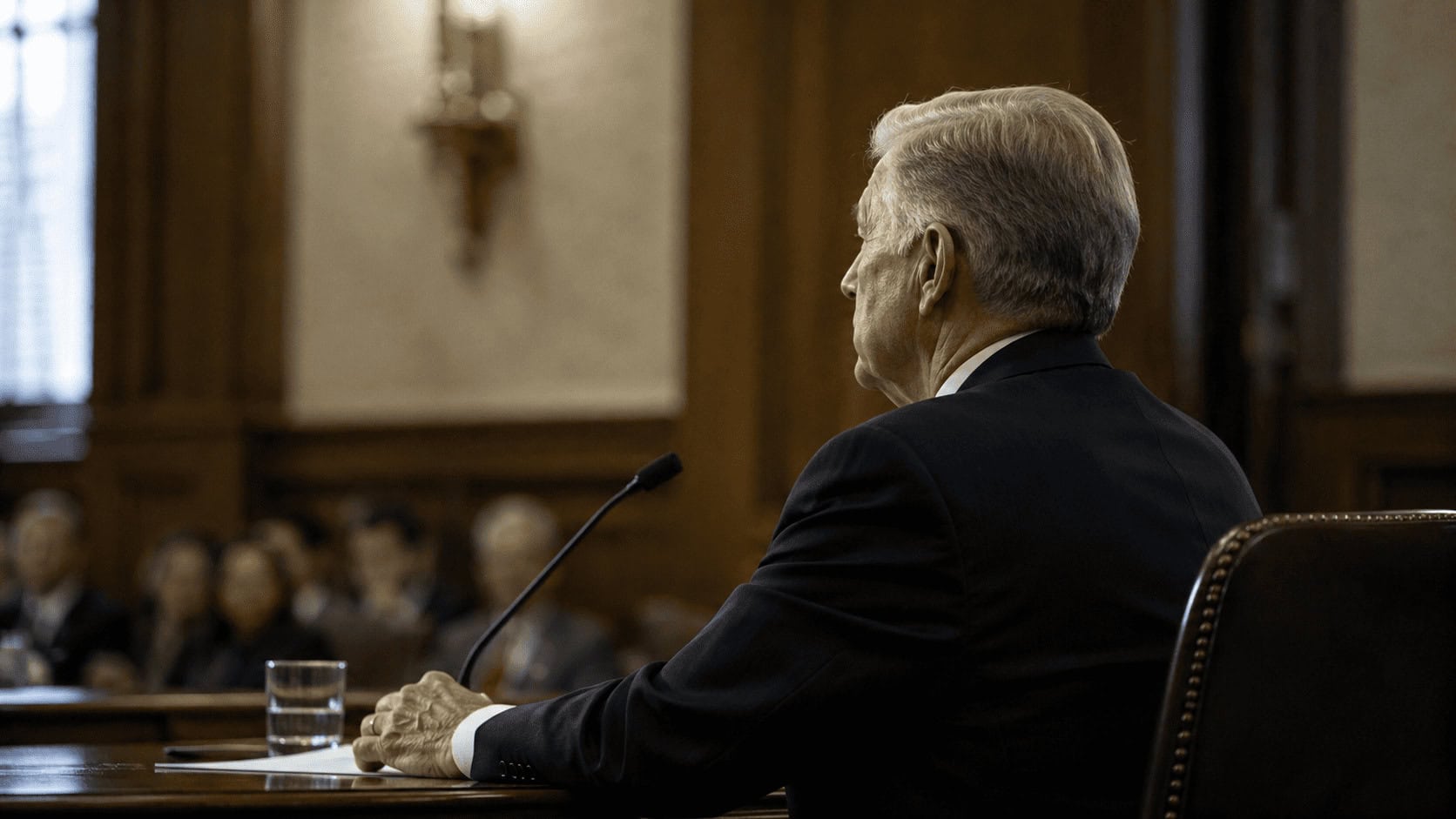 An older man in a dark suit seated at a congressional witness table during a hearing, shown from the side.