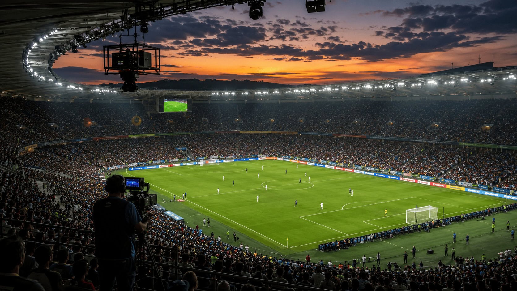 FIFA World Cup stadium filled with fans under floodlights with broadcast cameras and sponsor boards visible