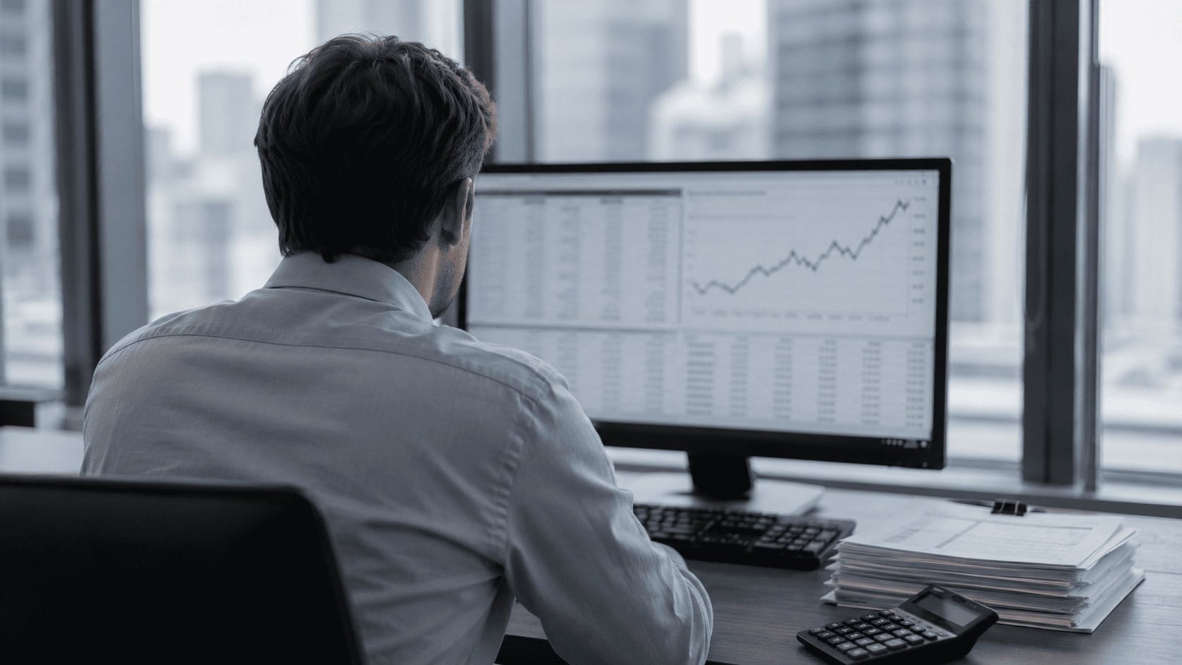 Office worker seen from behind reviewing rising cost charts and spreadsheets on a desktop monitor, with printed invoices and a calculator on the desk.