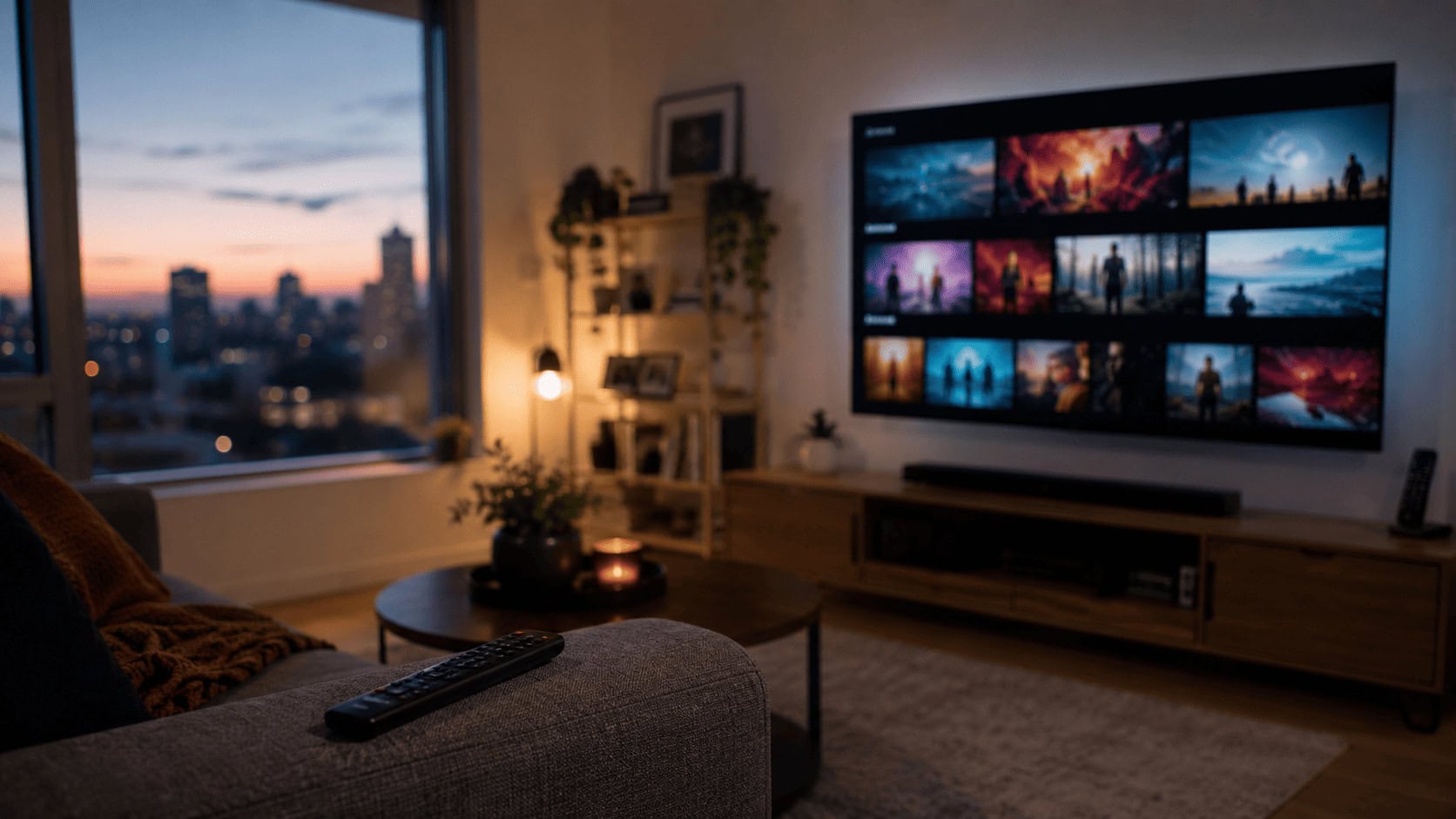 A glowing smart TV on a living room wall displaying a streaming home screen, with a remote control on a couch in the foreground at dusk.