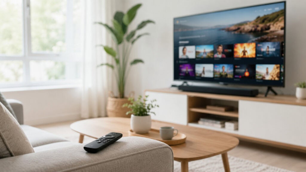 A television displaying a streaming menu of content tiles in a softly lit living room with a remote on the sofa arm.