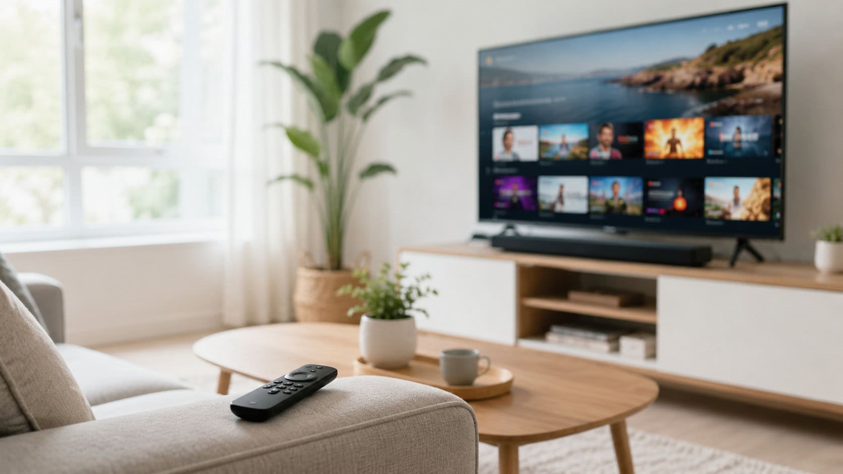 A television displaying a streaming menu of content tiles in a softly lit living room with a remote on the sofa arm.