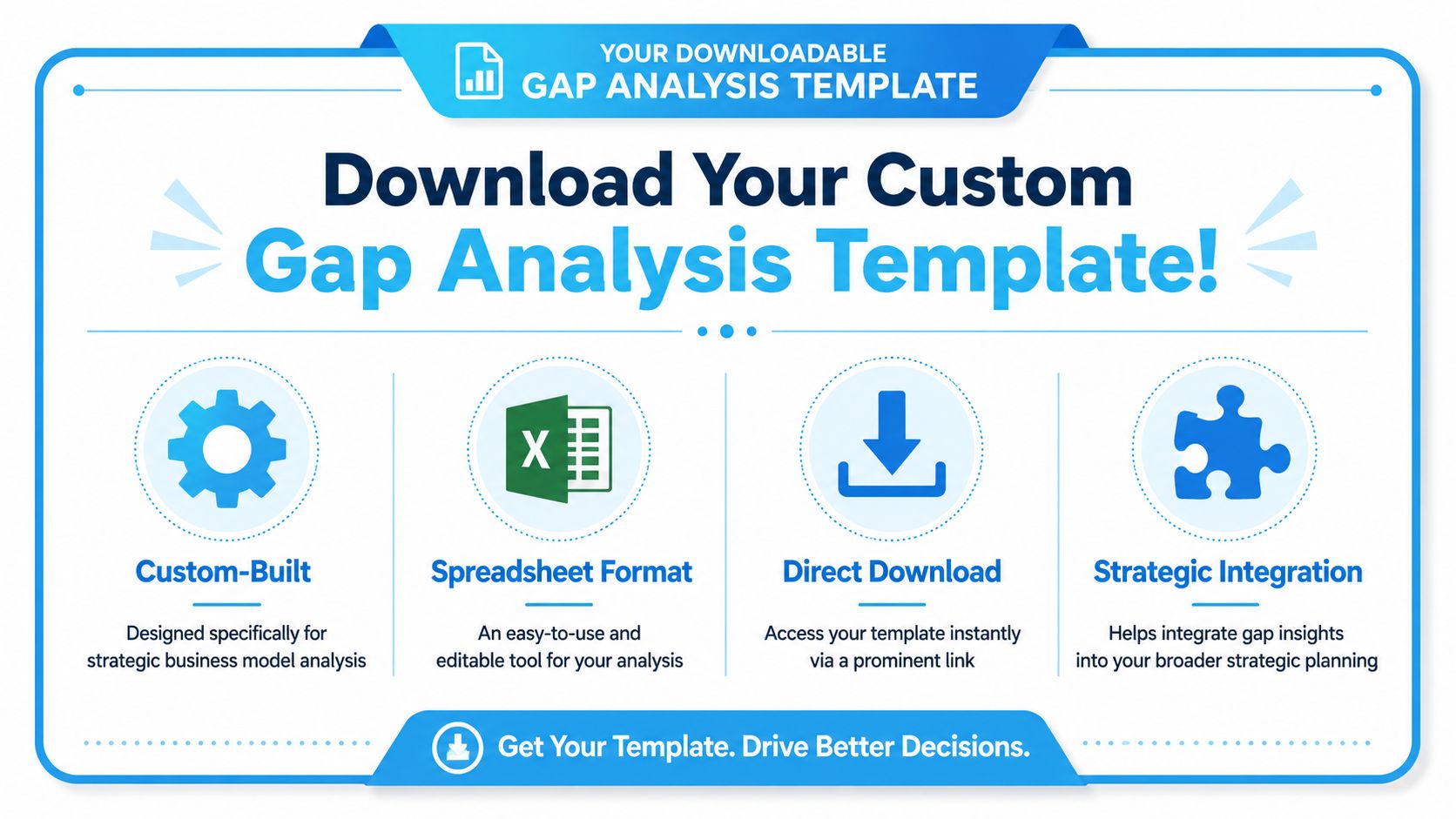 An infographic titled Download Your Custom Gap Analysis Template highlighting features like spreadsheet format and strategic integration.