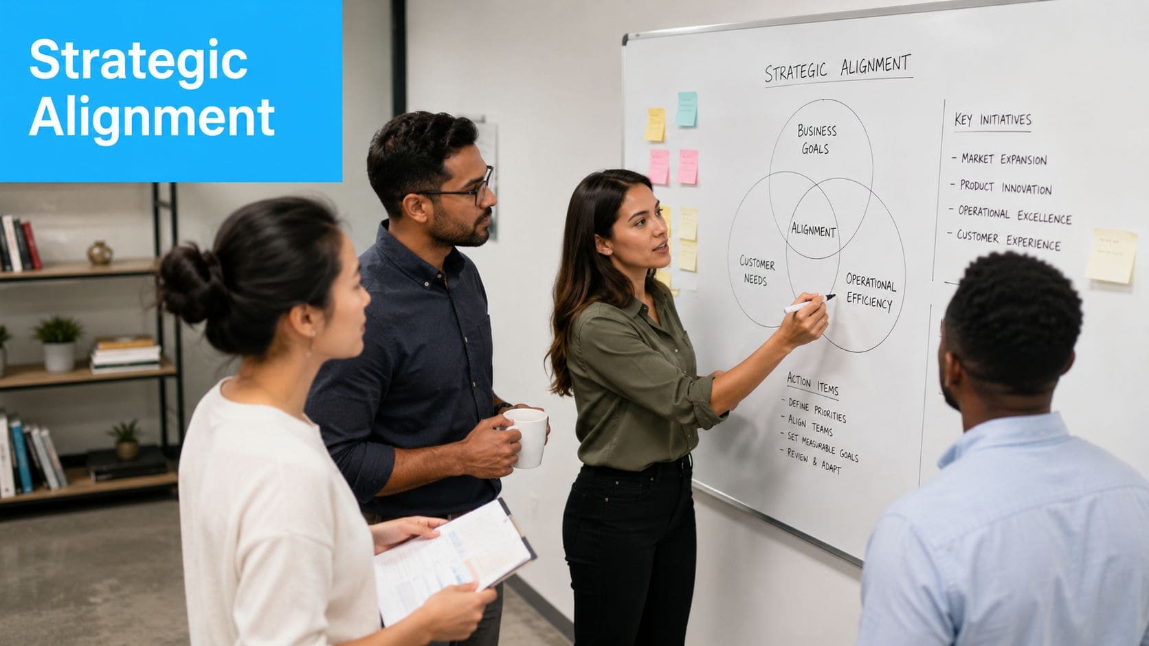 A professional team collaborating on a strategic alignment whiteboard presentation in a modern office meeting room.