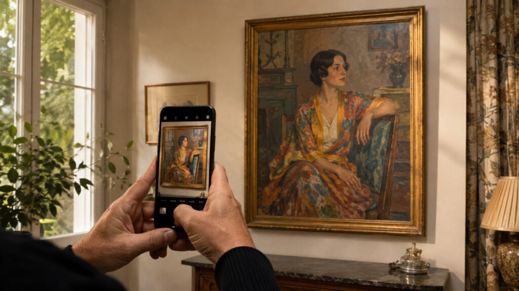 Hands holding a smartphone to photograph a colorful framed portrait of a woman hanging on a living room wall.