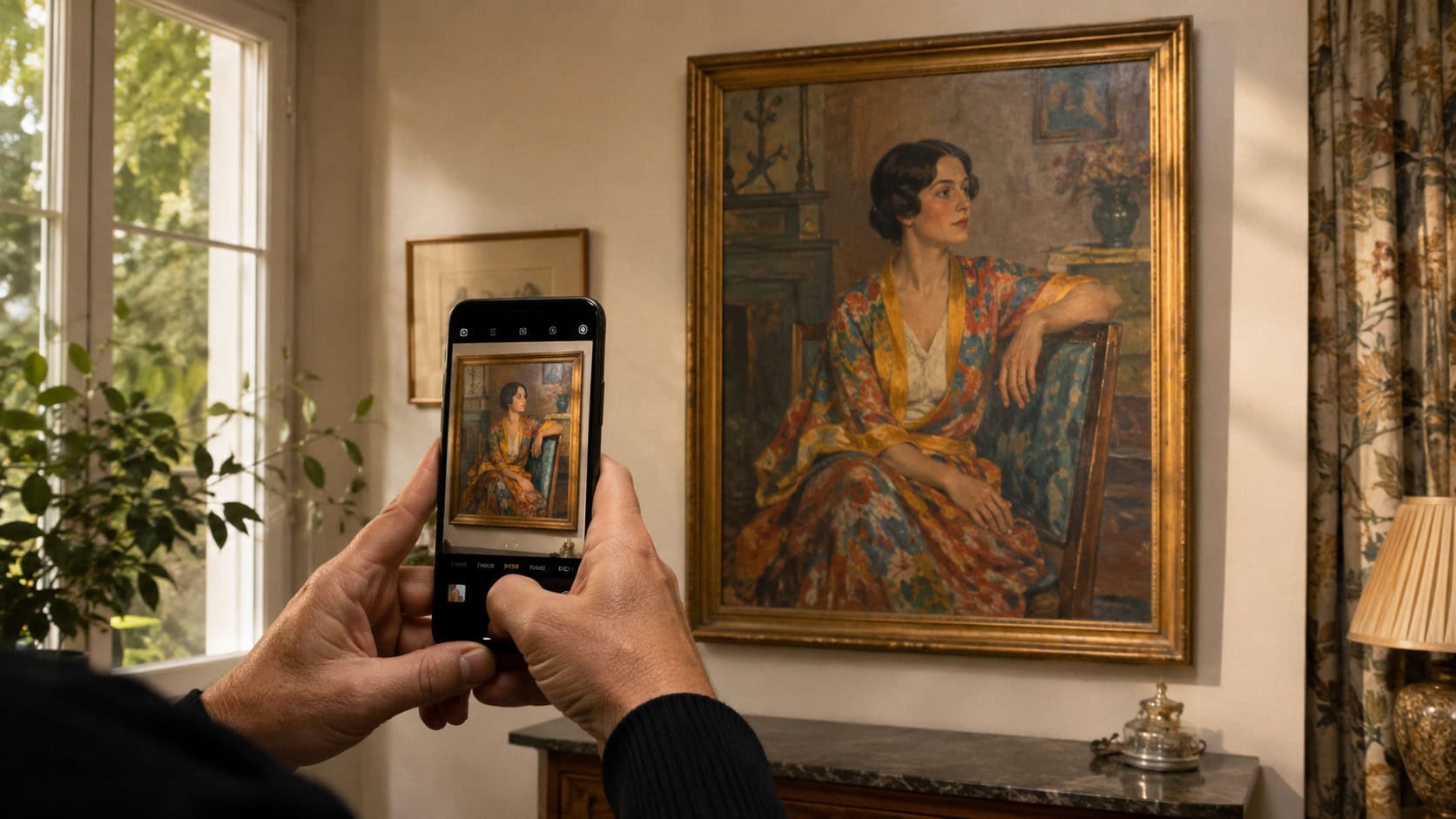 Hands holding a smartphone to photograph a colorful framed portrait of a woman hanging on a living room wall.