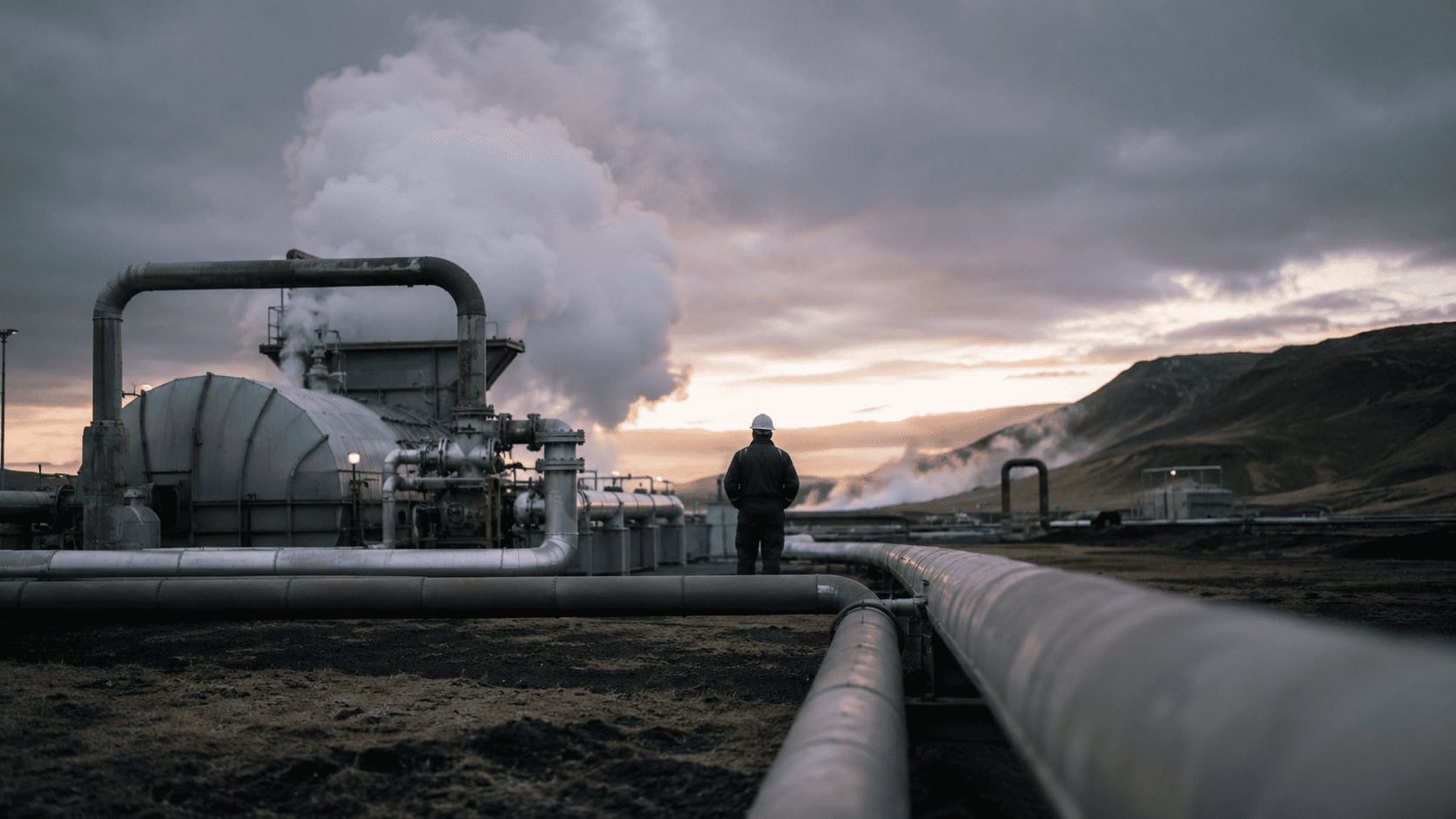 Steam rising from turbine housings at a geothermal power plant at dawn with a worker walking past industrial piping.