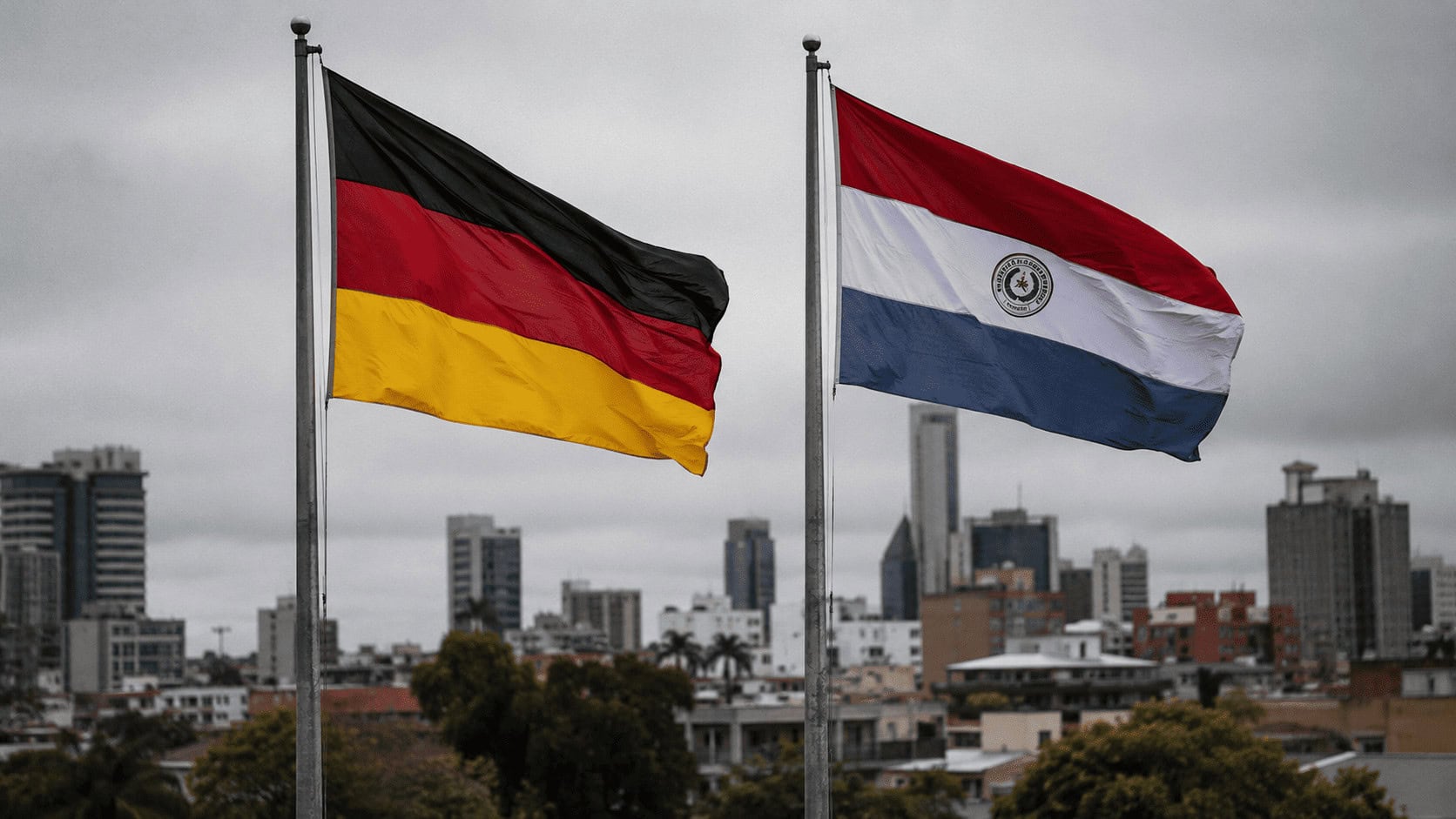 The flags of Germany and Paraguay displayed side by side, representing a comparison of the two economies.