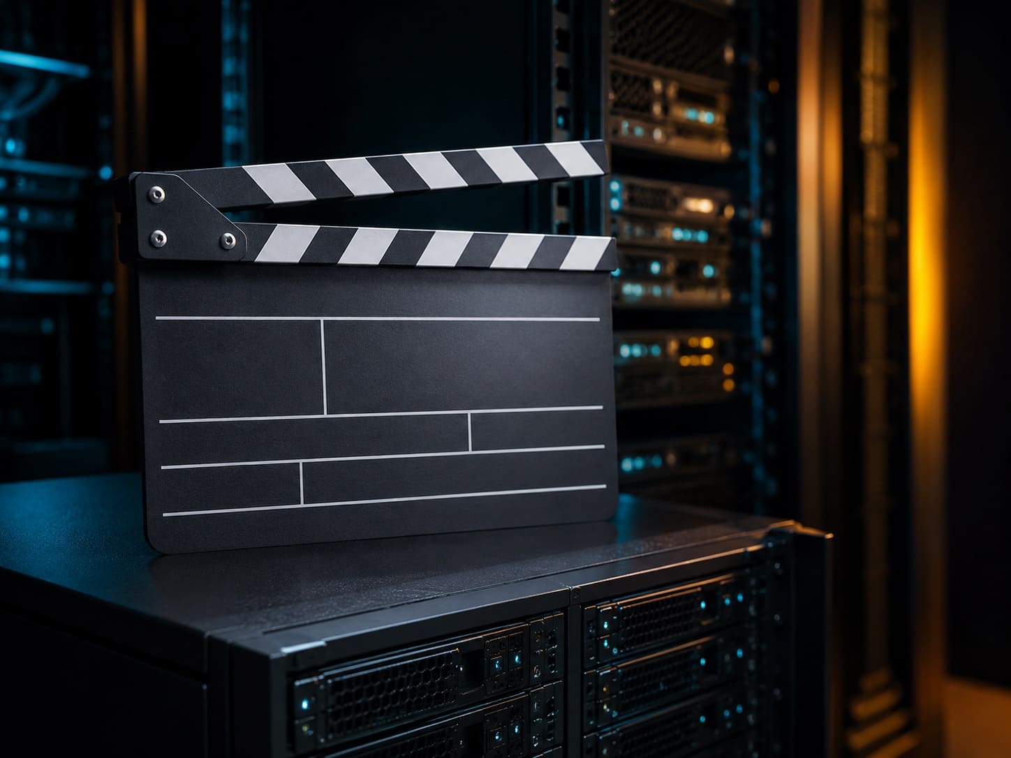 Film clapperboard on a server rack, representing the Google DeepMind and A24 AI filmmaking partnership