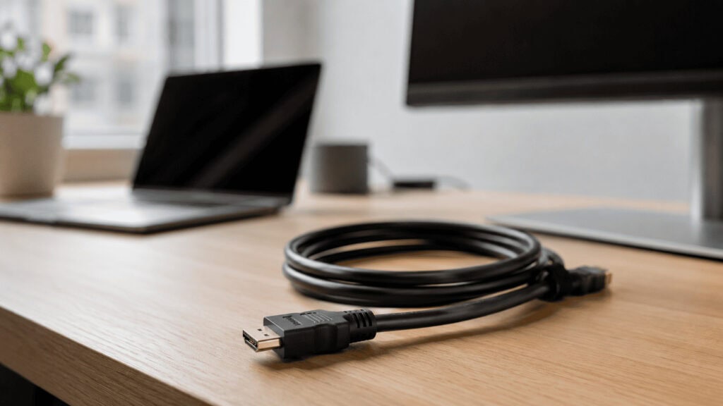 Two coiled black HDMI cables on a wooden media console next to a flat-screen television displaying a blurred 4K image.